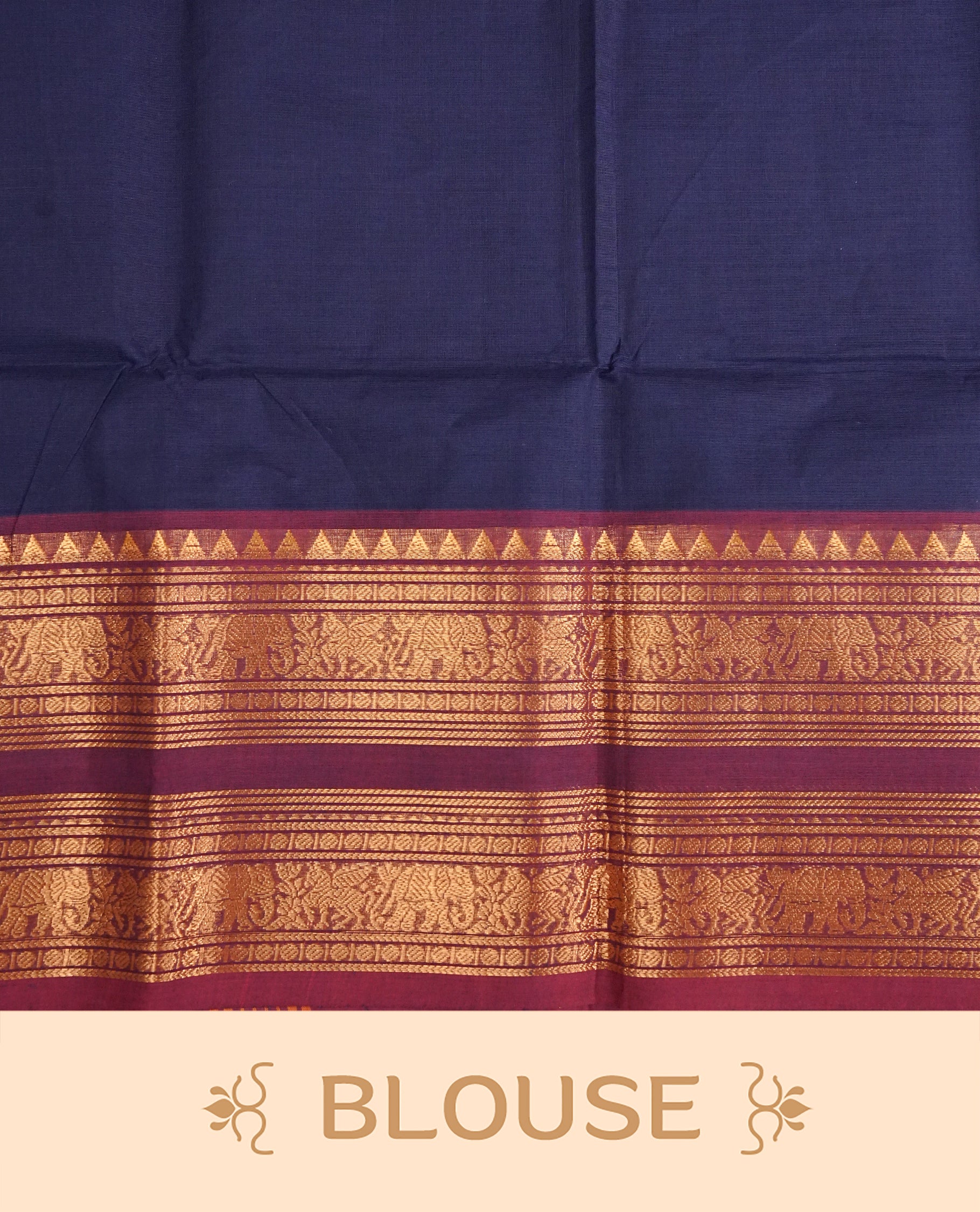Navy blue colour chettinad cotton saree featuring elegant plain body, complemented by contrast Maroon colour with gold zari border,comes with matching blouse piece.