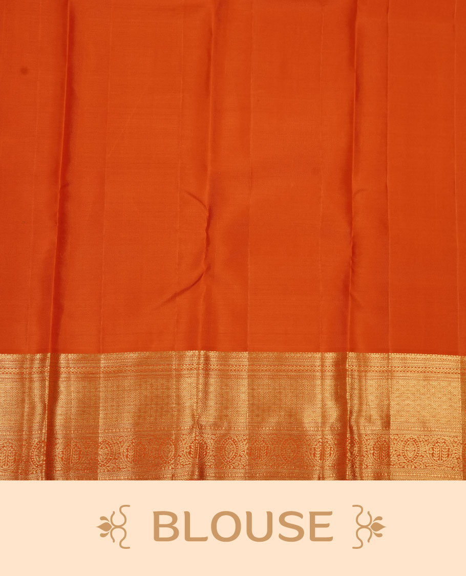 Orange colour kancheepuram silk saree featuring gold zari pattern across body, complemented by selfcolour border traditional zari border, paired with matching blouse piece.