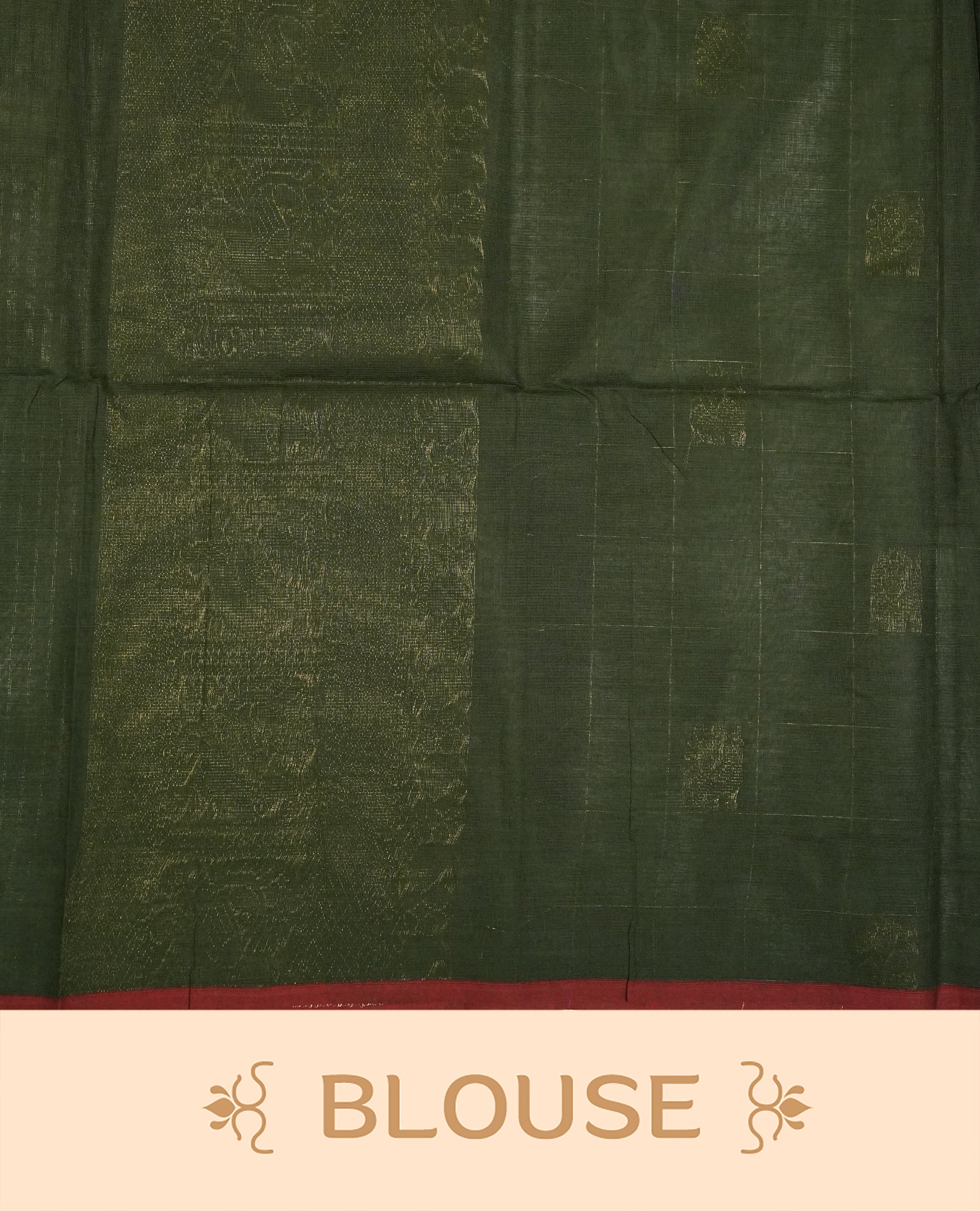 Dark Green Colour Chettinad Cotton Saree Featuring Gold Zari Checks with Peacock Motifs on the Body, Complemented by a Minimal Maroon Border and a Grand Gold Zari Pallu, Paired with a Matching Blouse Piece.