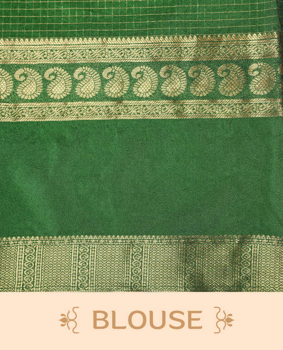 Pista colour semi georgette saree featuring gold zari check pattern on body, complemented by contrast green colour with zari border, paired with matching blouse piece.