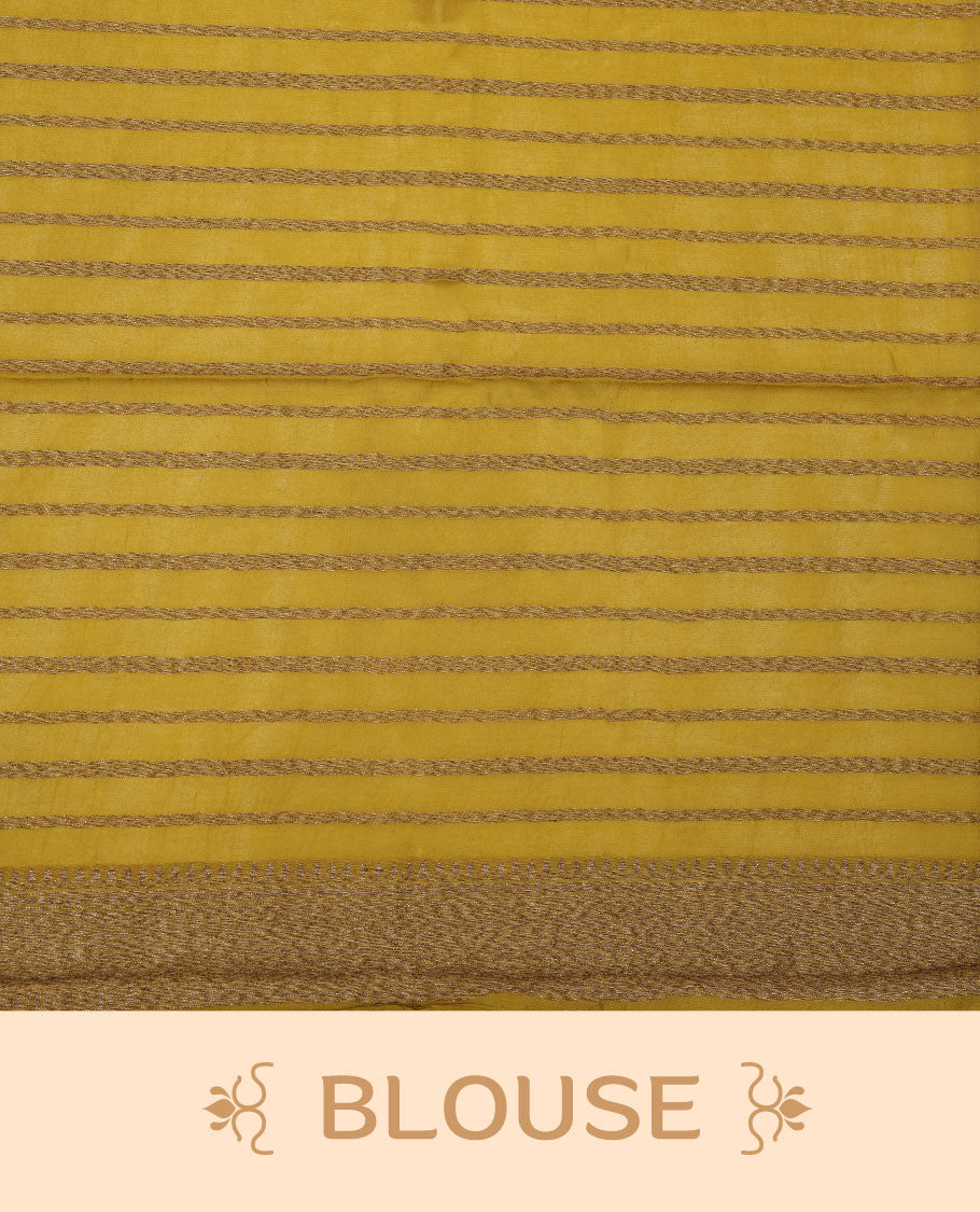 Yellow colour semi banaras tussar georgette featuring gold zari leaf pattern across body, finished with gold zari border and paired with matching blouse.