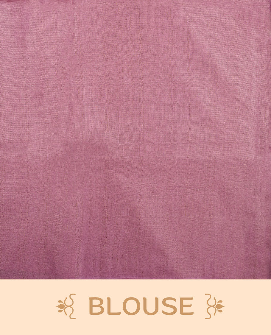 Pink colour semi jute saree highlighting gold zari striped body, without border and paired with matching blouse.