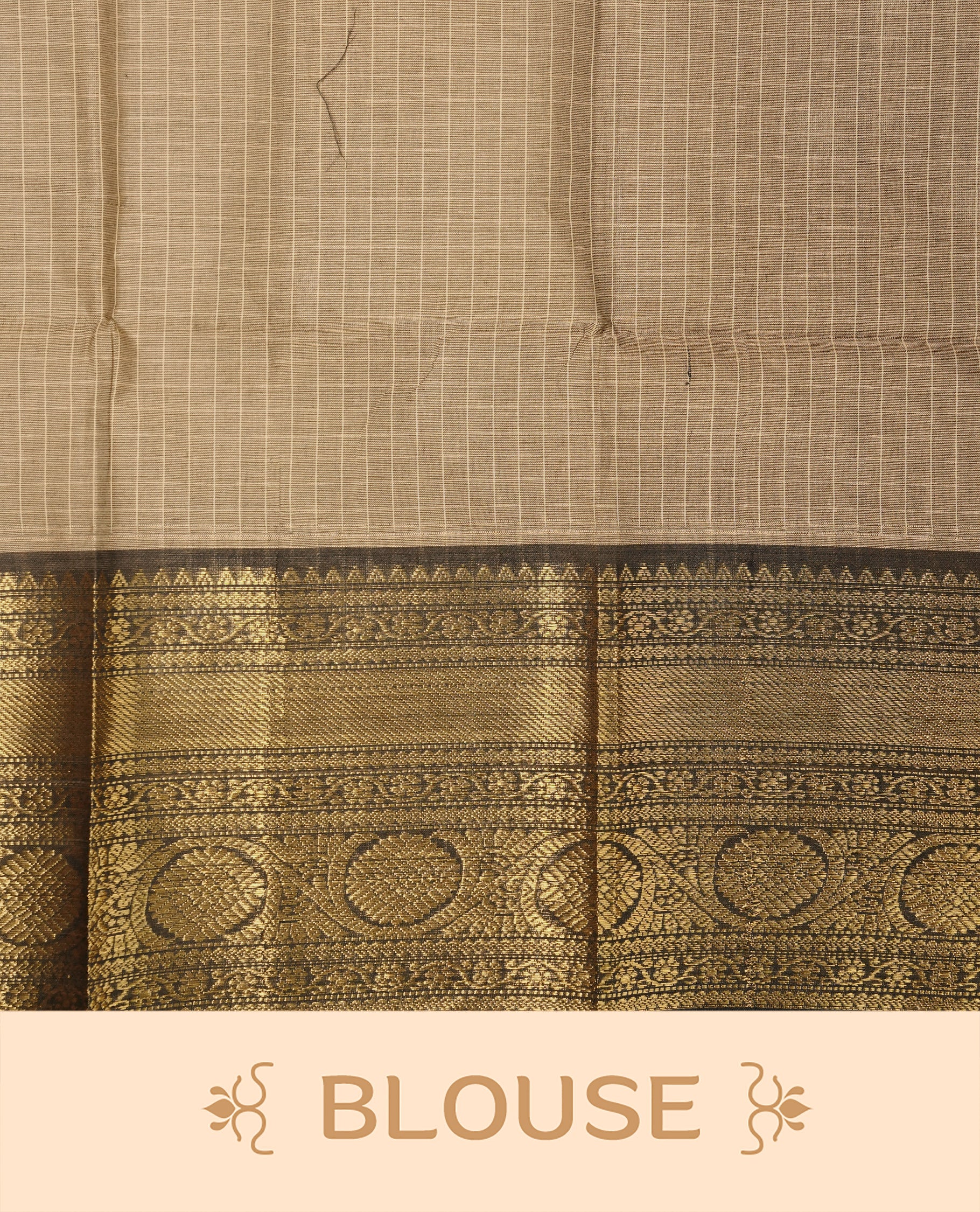 Grey Beige colour Chettinad cotton saree featuring Check pattern on body , complemented by contrast Black colour with zari border, comes with matching blouse piece.