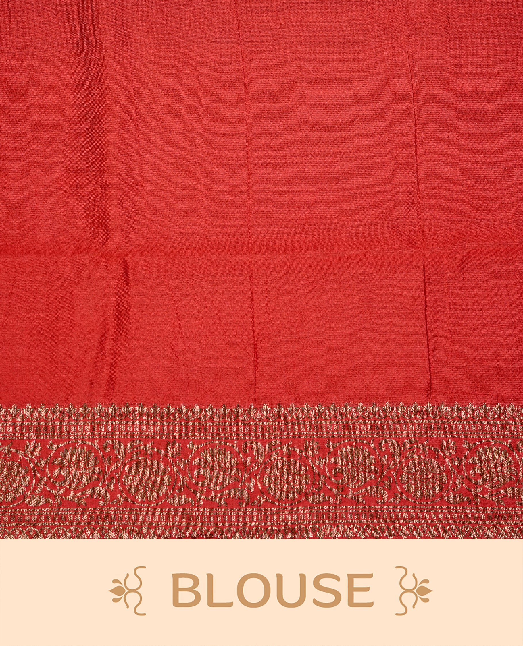 Chocolate colour Banaras tussar silk saree featuring elegant gold zari buttas across the body, complemented by a contrast Red border with rich zari detailing. Comes paired with a matching blouse piece.