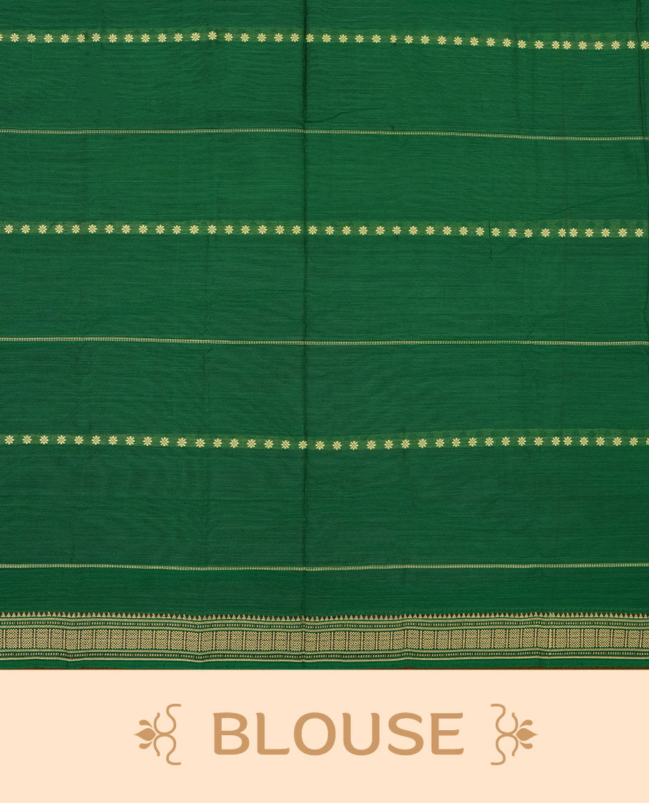 Green colour Narayanapattu cotton saree featuring a cream colour stripped body, contrast black colour with Cream zari border and pallu, pairing a matching blouse piece.
