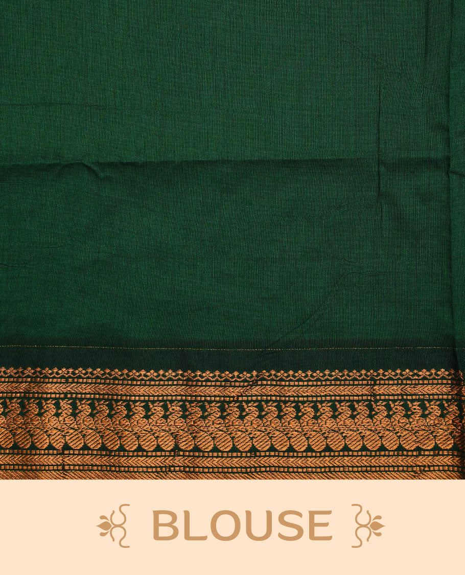 Rust orange colour kalyani cotton saree featuring gold zari motifs on body, complemented by green colour with zari border, paired with matching blouse piece.