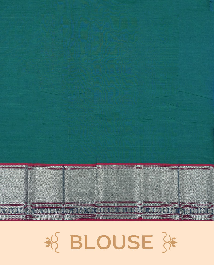 Peacock colour Narayanapattu cotton saree featuring a self coloured body, contrast deep red colour with silver zari border and pallu, pairing a matching blouse piece.