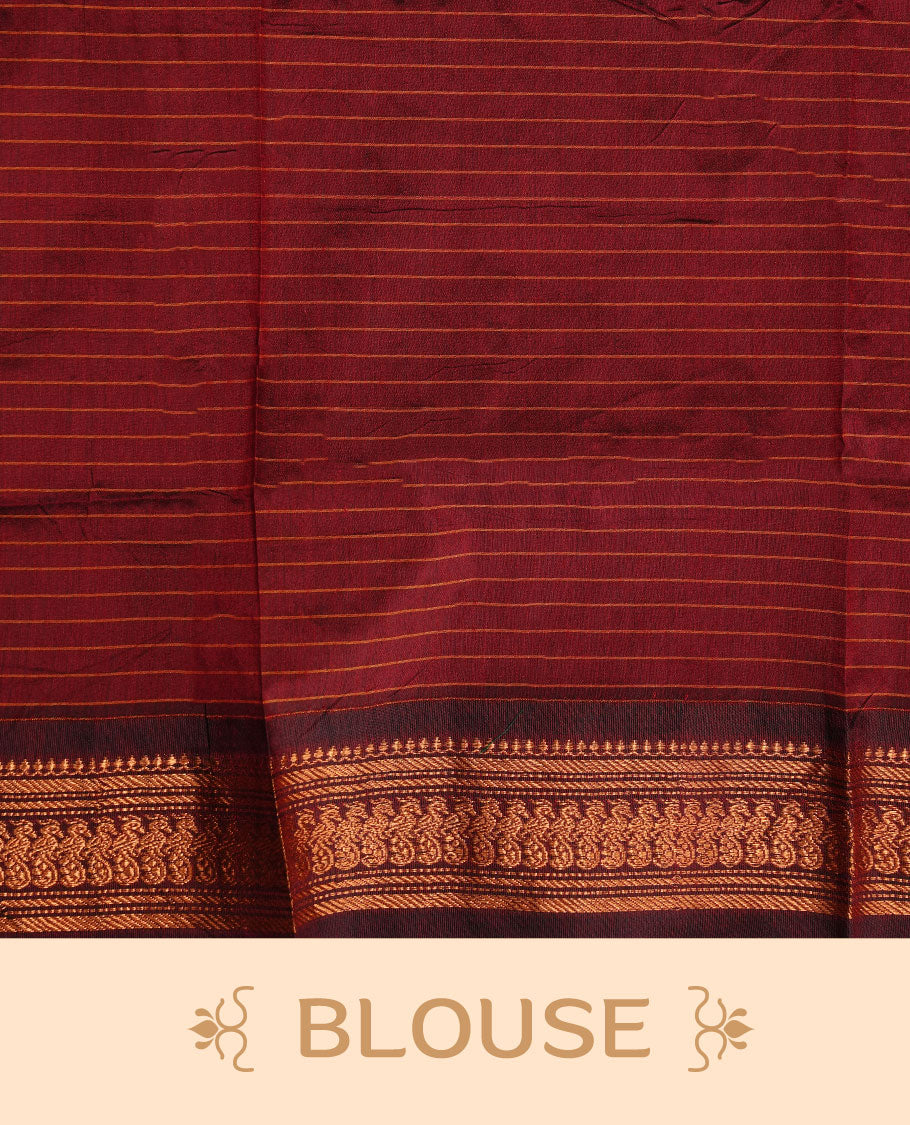 Teal green colour kalyani cotton saree featuring gold zari check pattern on body, complemented by Maroon colour with Antique zari border, paired with matching blouse piece.