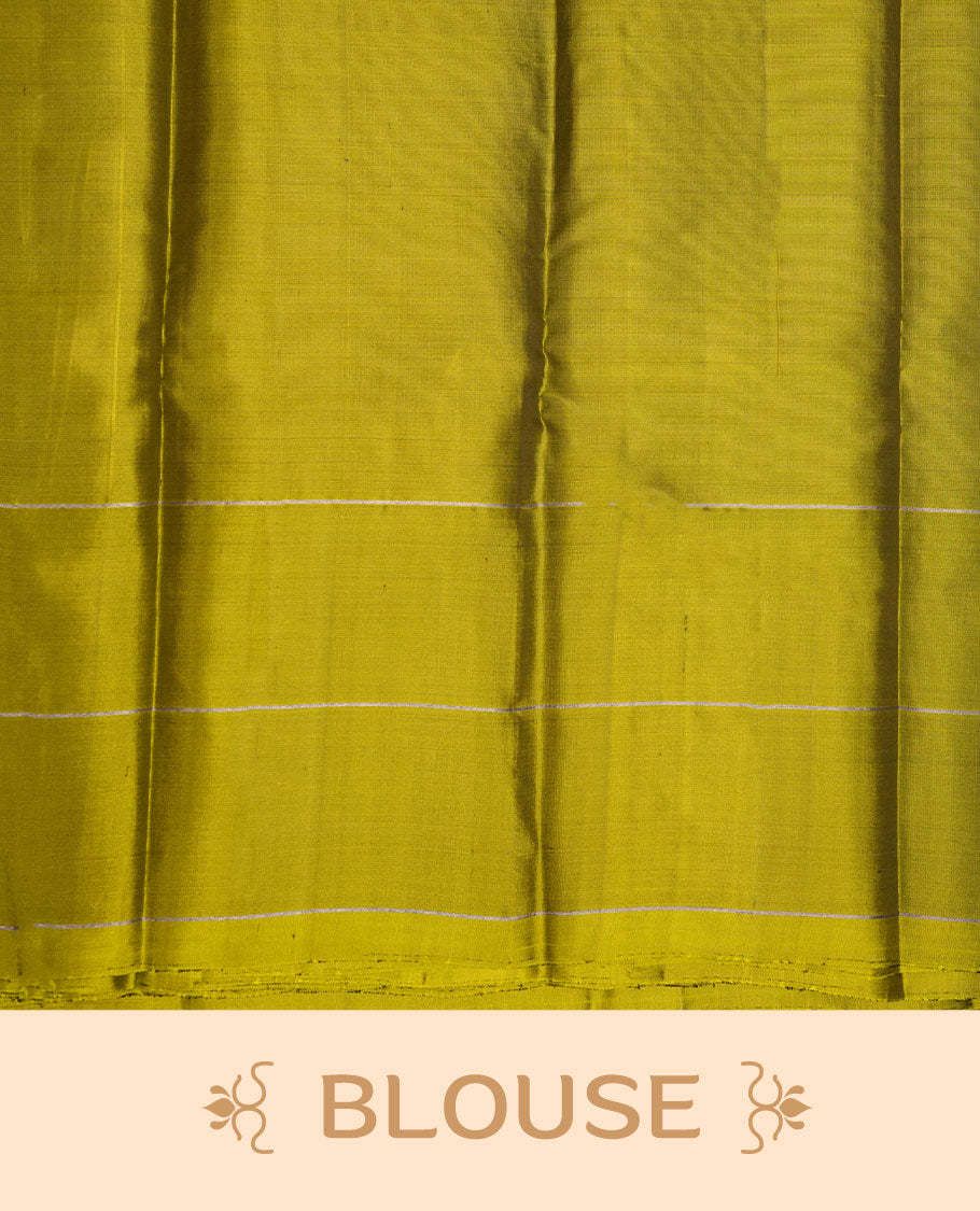 Jamun fruit colour soft silk saree featuring rain drop stripes on body, complemented by contrast henna green with peacock buttas border, paired with matching blouse piece.