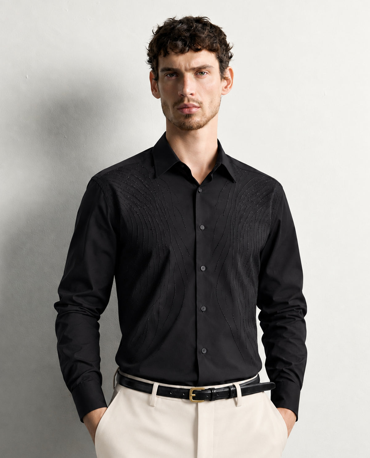 Black colour shirt with Black stone patterned body, Full sleeve.
