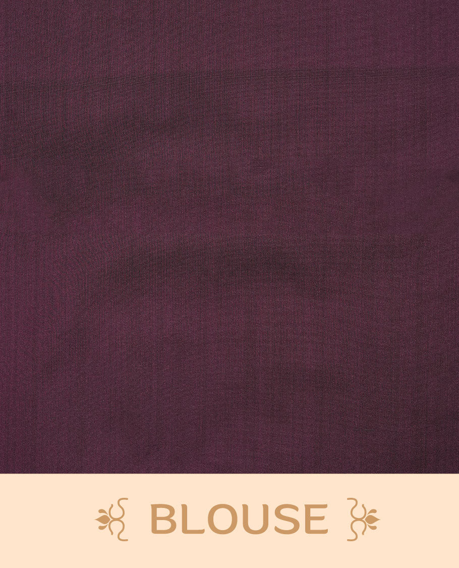 Pastel green colour soft silk saree features a sleek borderless design with intricate antique zari motifs, flowing into a striking contrast purple pallu and a matching blouse piece.