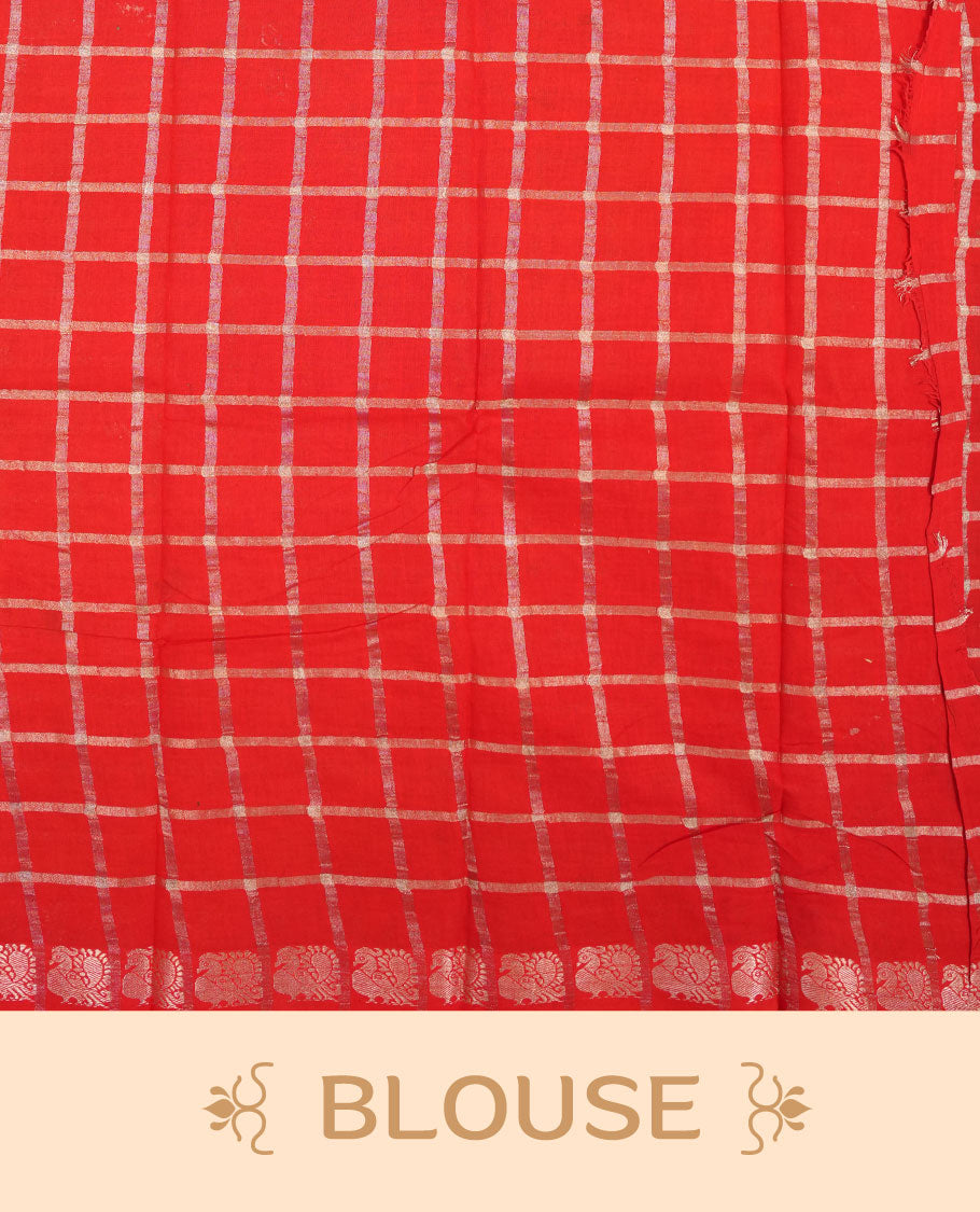 Bottle green colour chettinad cotton saree with silver zari checkered pattern on the body, paired with a contrast red colour pallu featuring silver zari floral border, and a coordinated red checkered blouse piece with matching silver zari border.