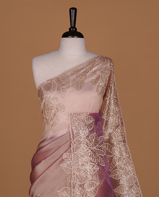 Purple & gold double shade organza saree featuring thread & cut beats, sequins leaf pattern on body, highlighting scalp border, paired with matching blouse piece.