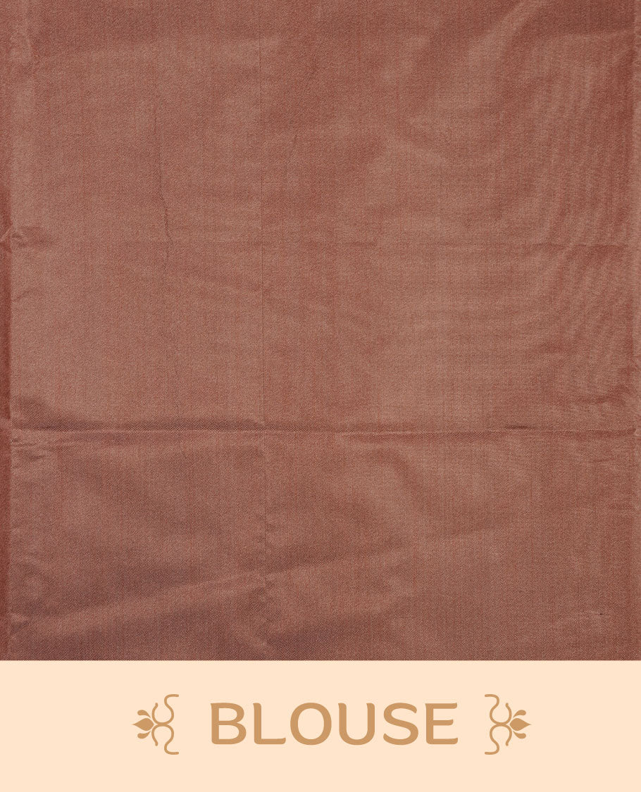 Dusty Cream soft silk saree features a sleek borderless design with intricate antique zari motifs, flowing into a seamless self colored pallu and a matching blouse piece.