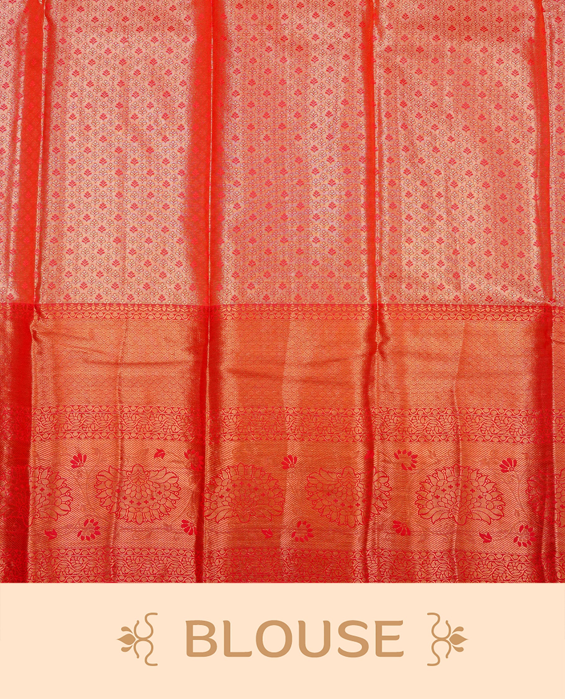 Light gold  colour Semi tissue silk saree featuring Gold zari kodi & Red zari Motifs on body, Contrast Red colour with traditional border, paired with matching.