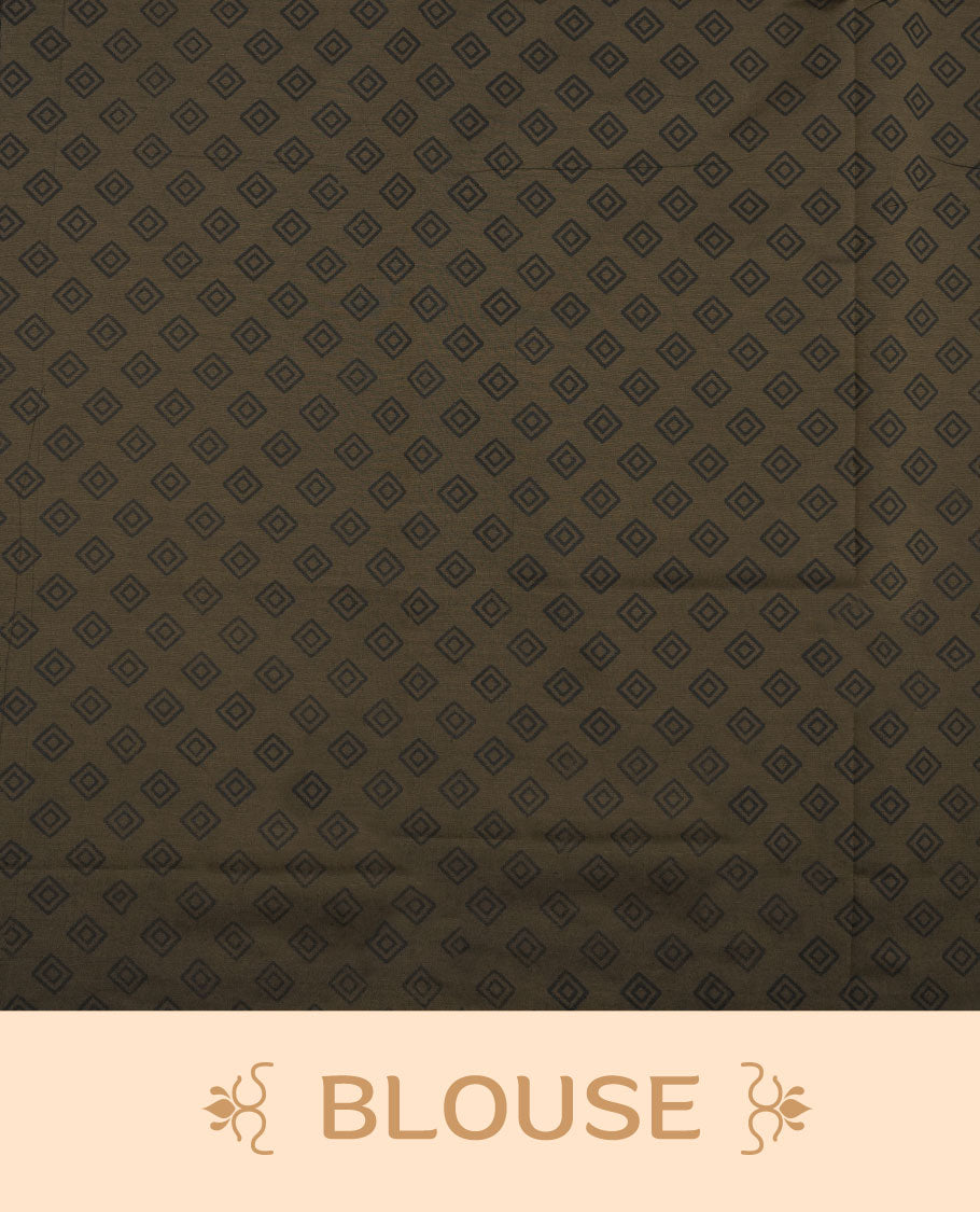 Dark olive brown poly cotton saree with black temple motifs on the body, paired with a matching pallu with black woven traditional border, and a coordinated all‑over geometric printed blouse piece.