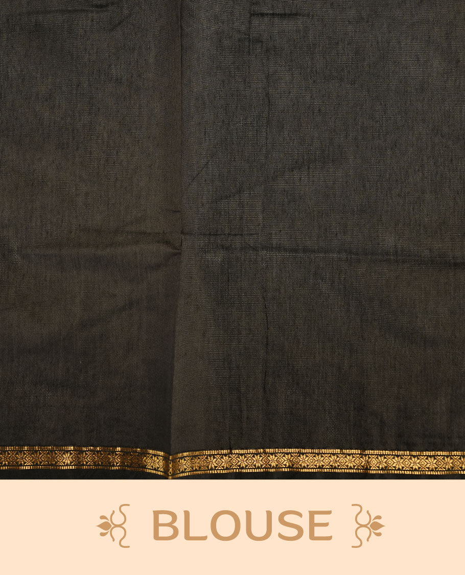 Maroon colour Maheshwari cotton saree features elegant gold zari motifs across the body, a classic gold zari border, a striking contrast pallu, and a matching blouse piece.