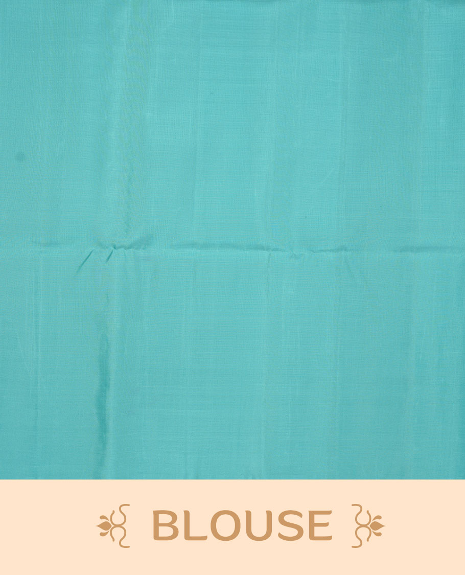 Aqua & grey colour soft silk saree featuring gold zari stripes on body, complemented by self colour border and tassel at pallu, paired with matching blouse piece.