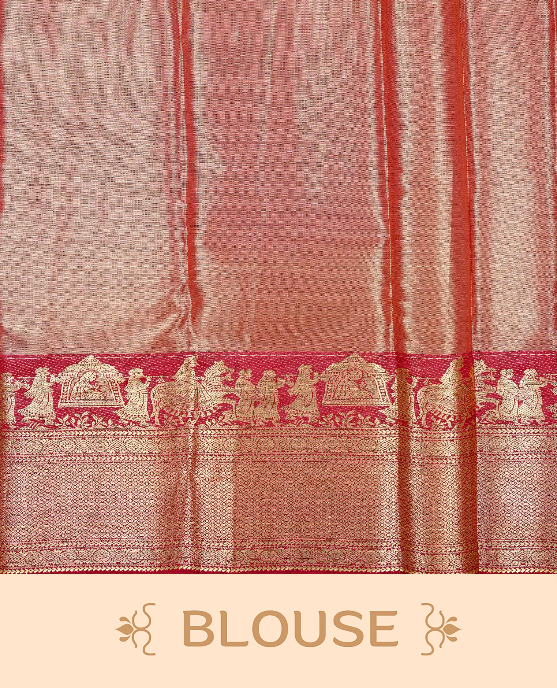 Gold colour Semi Tissue silk saree featuring silver zari pattern on body, complemented by traditional border with contrast Maroon colour, paired with matching blouse piece.