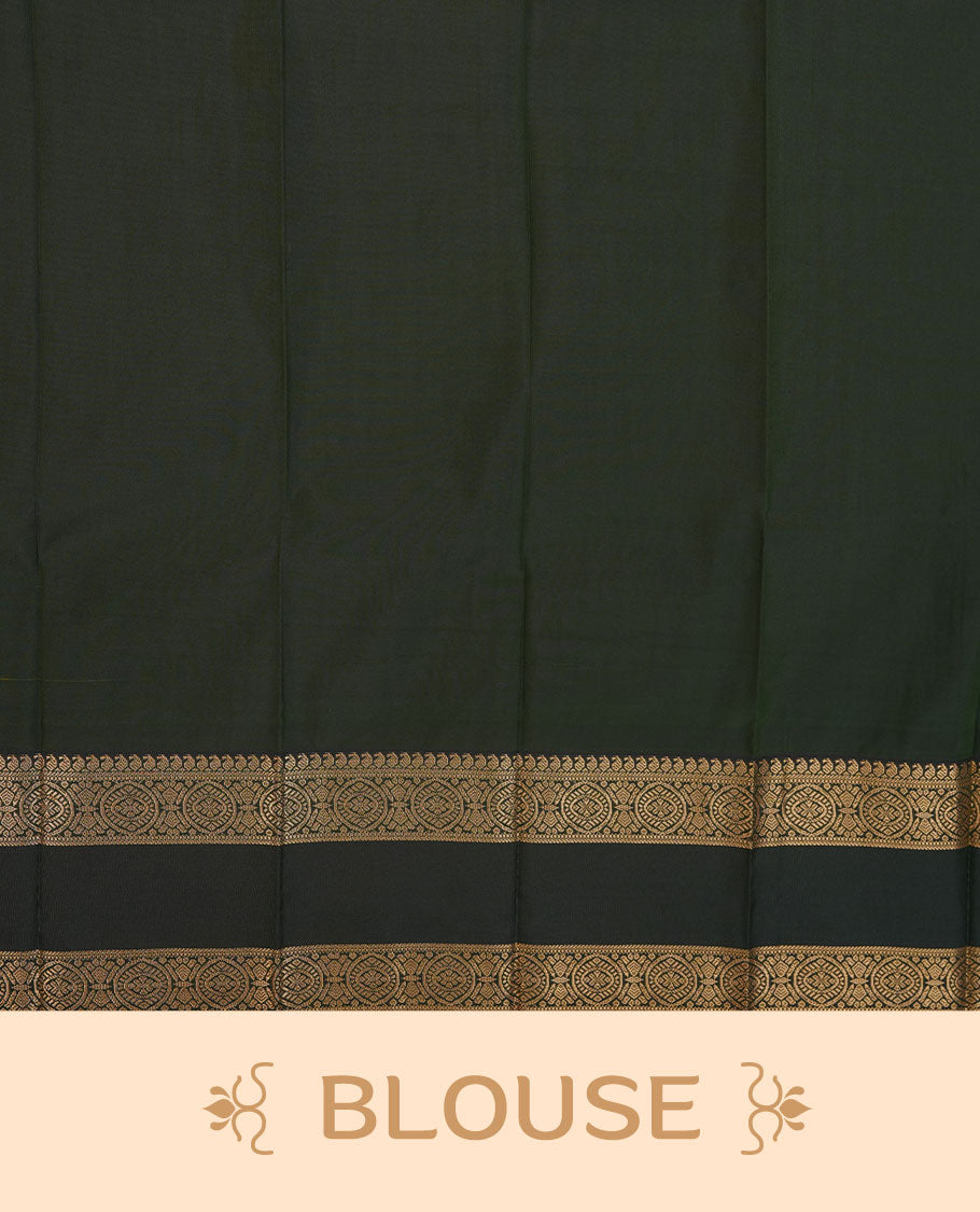 Mustrad yellow colour semi silk saree highlighting gold zari motifs across body, featuring contrast Dark green colour border with gold zari pattern, comes with matching blouse.