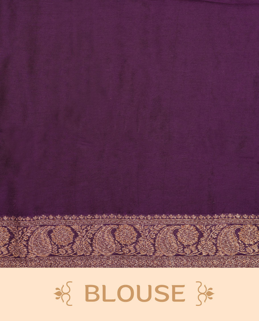 Grape purple colour semi Banaras saree with gold zari buta motifs, finished with a traditional gold zari border and pallu, paired with a matching blouse.