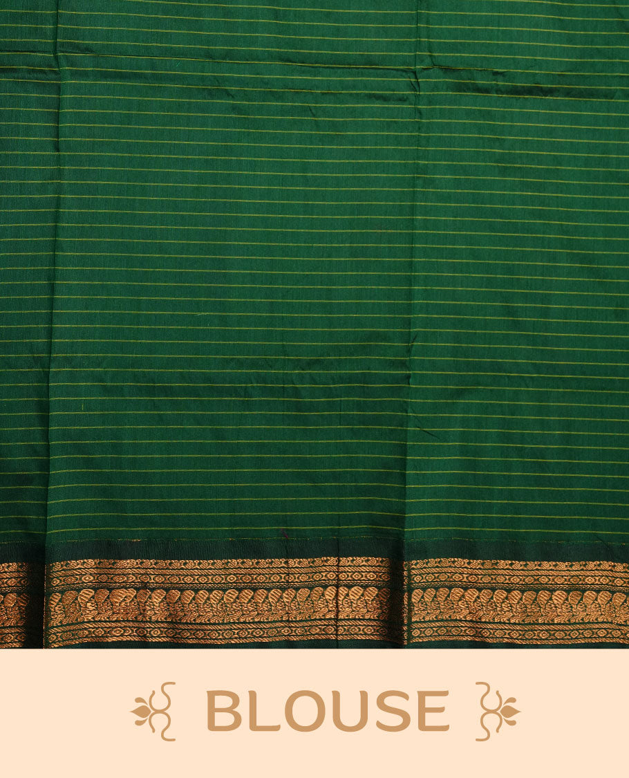 Purple colour kalyani cotton saree featuring gold zari check pattern on body, complemented by green colour with Antique zari border, paired with matching blouse piece.