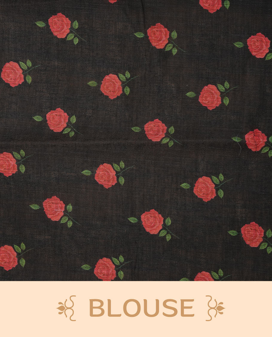 Black colour Semi Linen saree featuring a stylish check pattern adorned with floral prints on the body, enhanced by a small gold border, paired with a matching blouse piece.