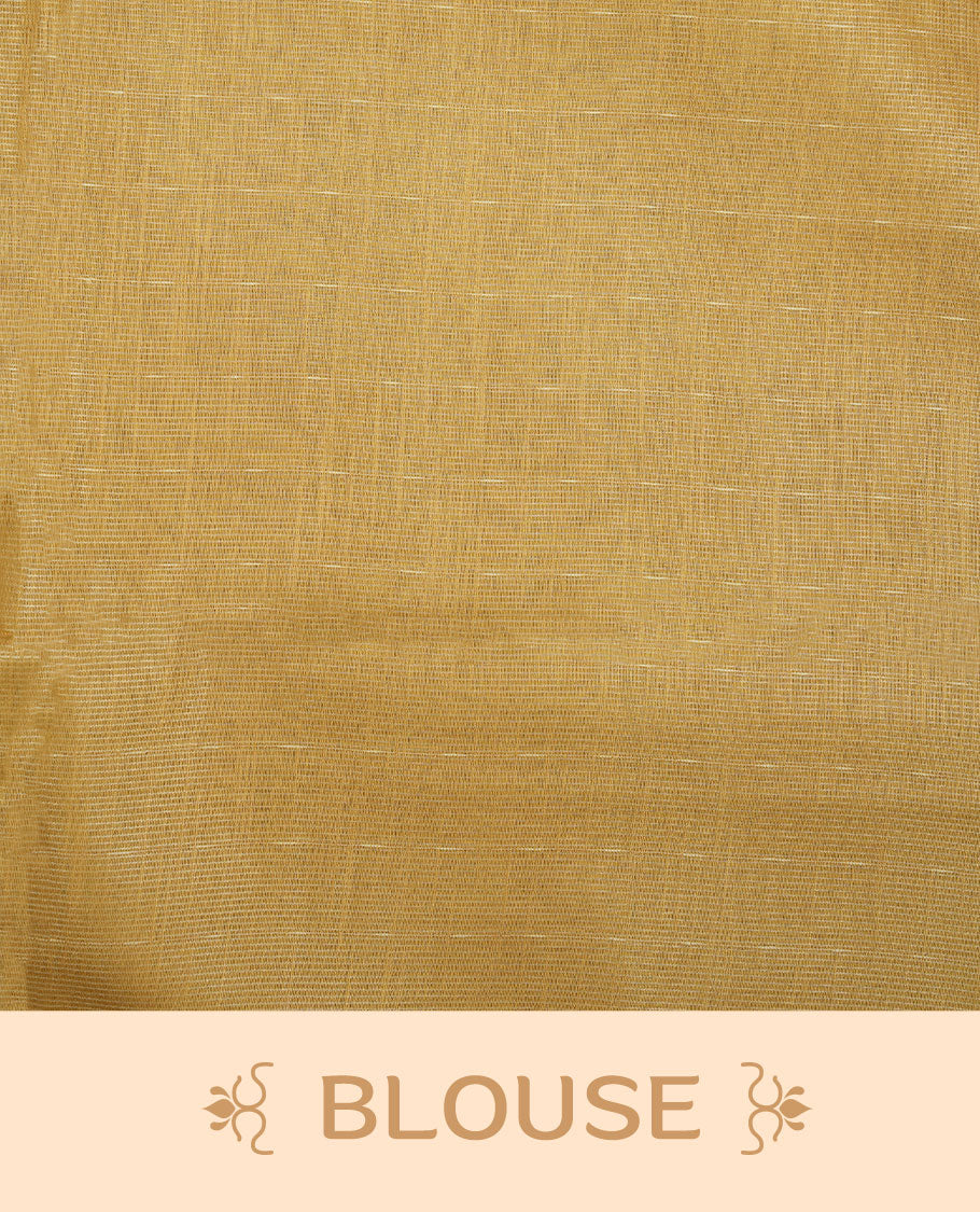 Gold colour semi jute saree highlighting gold zari striped body, without border and paired with matching blouse.