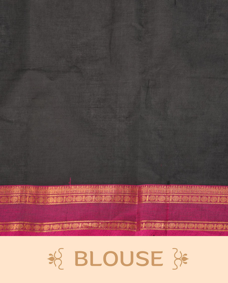 Black colour chettinad cotton featuring gold zari check pattern on body , complemented by contrast teal & magenta double colour with gold zari border, paired with matching blouse piece.