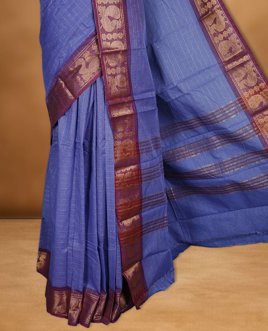Lavender colour sungudi cotton saree featuring gold zari check pattern across body, contrast Maroon colour with gold zari peacock and floral pattern on border, without blouse piece.