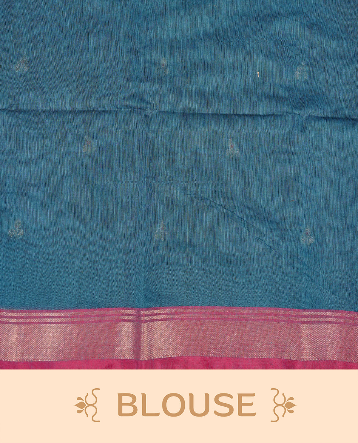 Teal blue colour Maheshwari cotton saree, gold zari floral motifs on body, complement light magenta colour gold zari border comes with matching blouse.