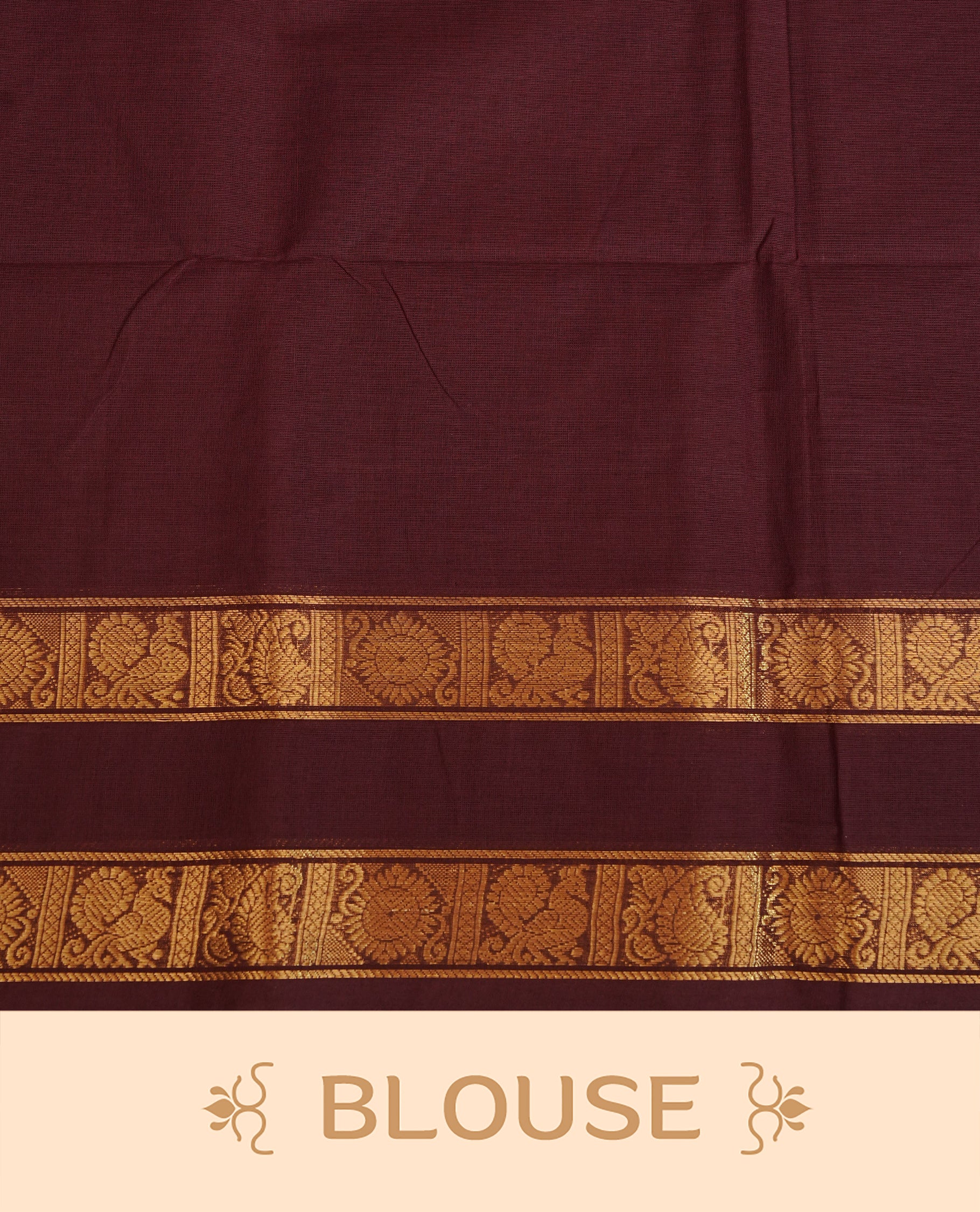 Chocolate colour chettinad cotton saree featuring Elegant plain body, gold zari on self colour border, comes with matching blouse piece.