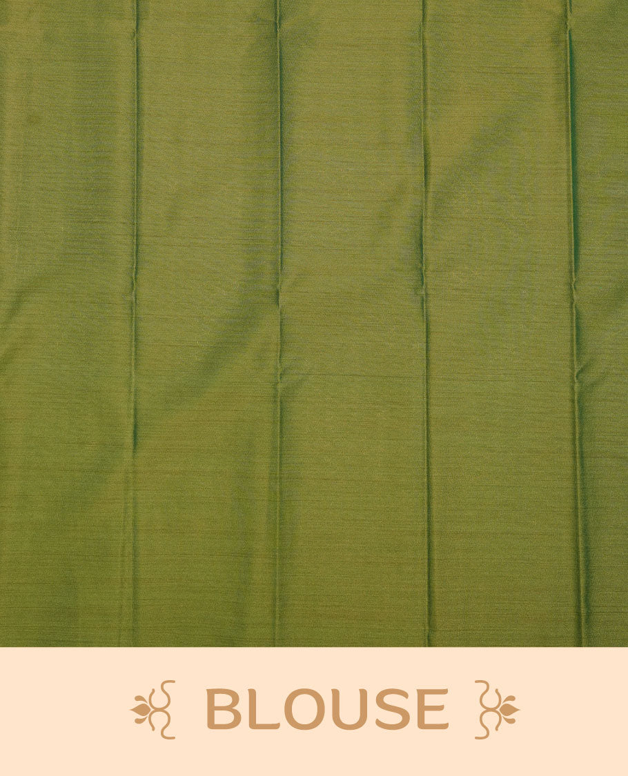 Olive & blue double shade colour soft silk saree featuring Gold zari motifs on body, complemented by self colour with traditional border, paired with matching contrast blouse piece.