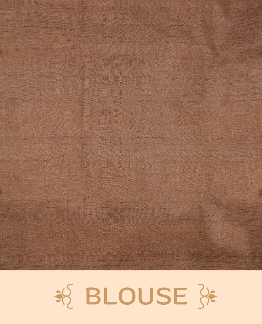 Cream & light brown dye pattern colour semi jute saree highlighting white stripped body, without border and paired with matching blouse.