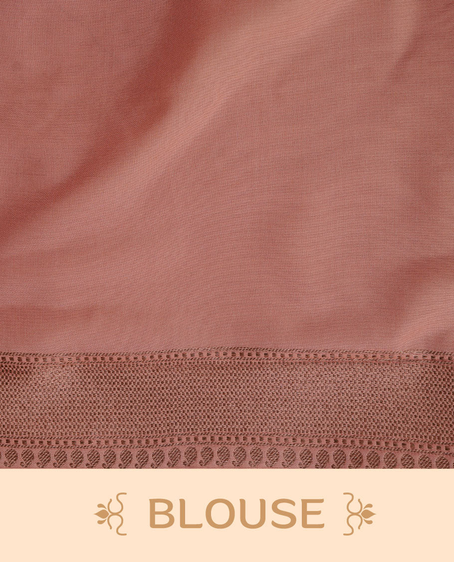 Peach colour Semi Banaras Katan saree featuring Antique zari Floral pattern on body, complemented by self colour zari border, paired with matching blouse piece.