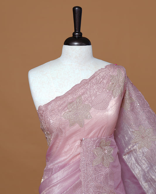 Pastel pink colour Crush Organza Featuring Plain body, Enrich with Floral thread pattern with sequins & scalp border, paired with matching blouse piece.