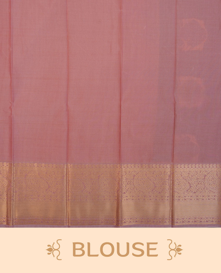 Brown colour semi silk saree highlighting gold zari check strippes and motifs across body, featuring contrast lavender colour border with gold zari pattern, comes with matching blouse .