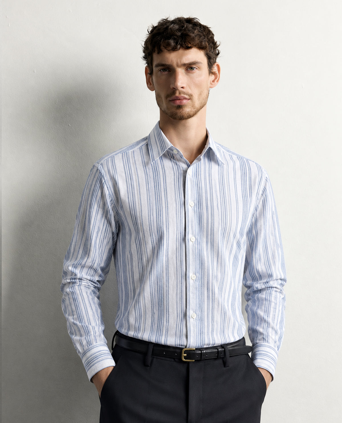 Off white colour shirt with Blue colour strip patterned body, Full sleeve.