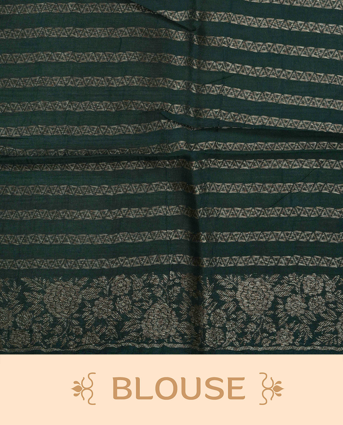 Bottle green colour semi banaras tussar georgette saree featuring gold zari floral pattern on body, finished with gold zari floral motifs on border and paired with matching blouse piece.