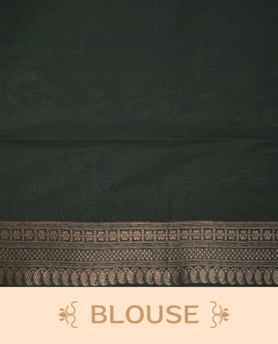 Green colour semi banaras katan saree featuring Gold zari Pattern across body, complemented by self colour with zari border, paired with matching blouse piece.