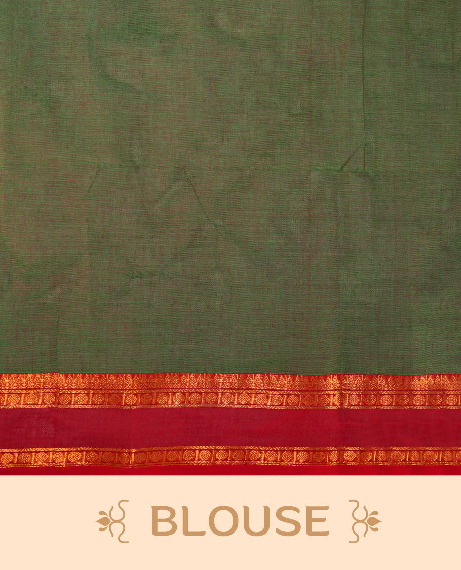 Green colour chettinad cotton featuring gold zari check pattern on body , complemented by contrast Maroon colour with gold zari border, paired with matching blouse piece.