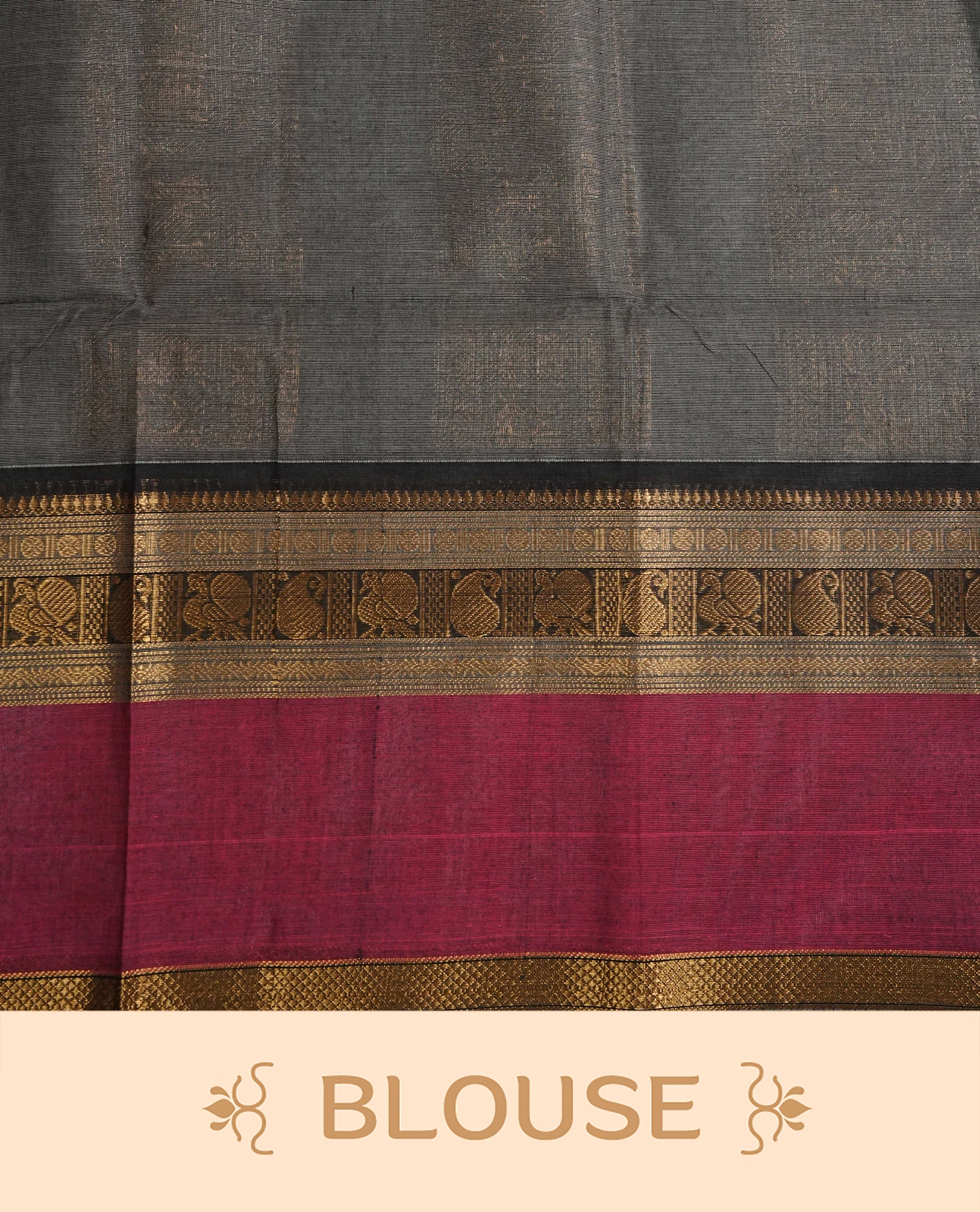 Grey Colour Chettinad Cotton Saree Featuring Elegant plain Body, Complemented by a contrast Magenta & black Colour Border with Gold Zari and Pallu, Paired with a Matching Blouse Piece