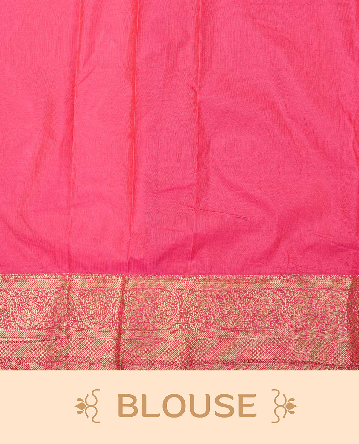 Magenta colour semi wedding saree featuring light gold zari woven strips pattern across the body, complemented by contrast self colour traditional border. Comes with a matching blouse piece.