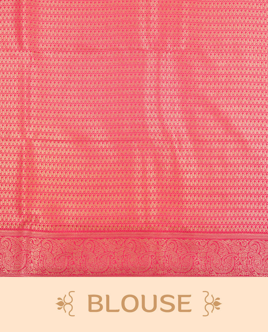 Blue colour semi silk brocade saree featuring intricate Gold Floral kodi & leaf patterns across the body, complemented by a contrast Magenta colour woven border and pallu, paired with a matching blouse.