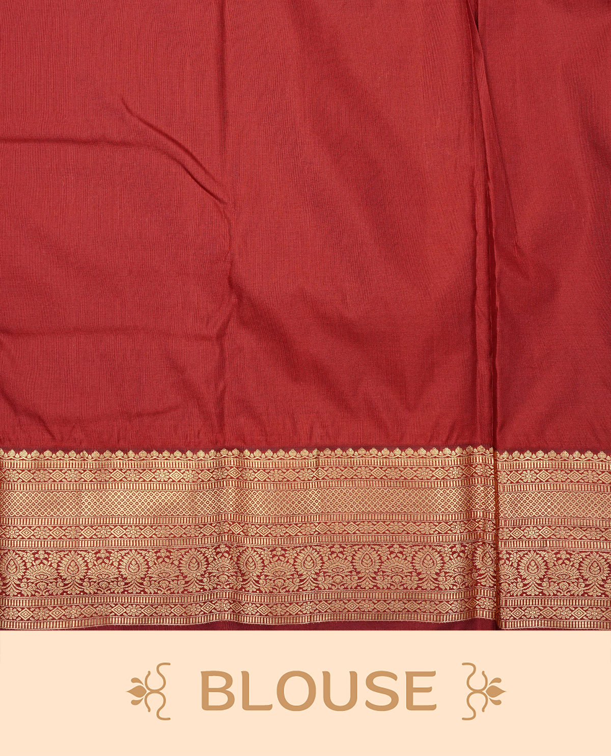 Beige colour semi wedding saree featuring gold zari stripes across the body, complemented by maroon colour with traditional border. Comes with a matching blouse piece.