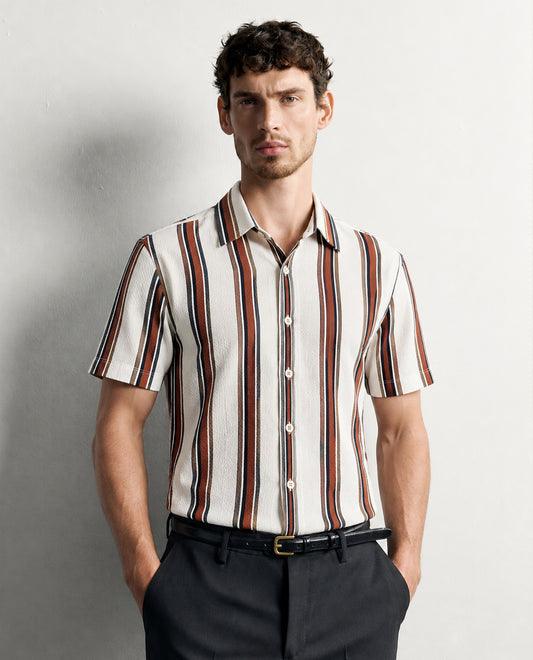Off white colour shirt with Multi colour strip patterned body, Half sleeve.
