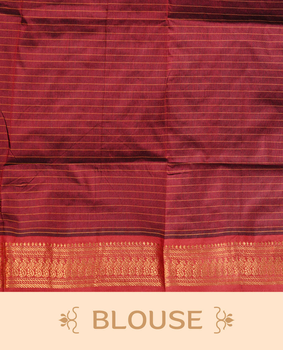 Green colour kalyani cotton saree featuring gold zari check pattern on body, complemented by Maroon colour with Antique zari border, paired with matching blouse piece.
