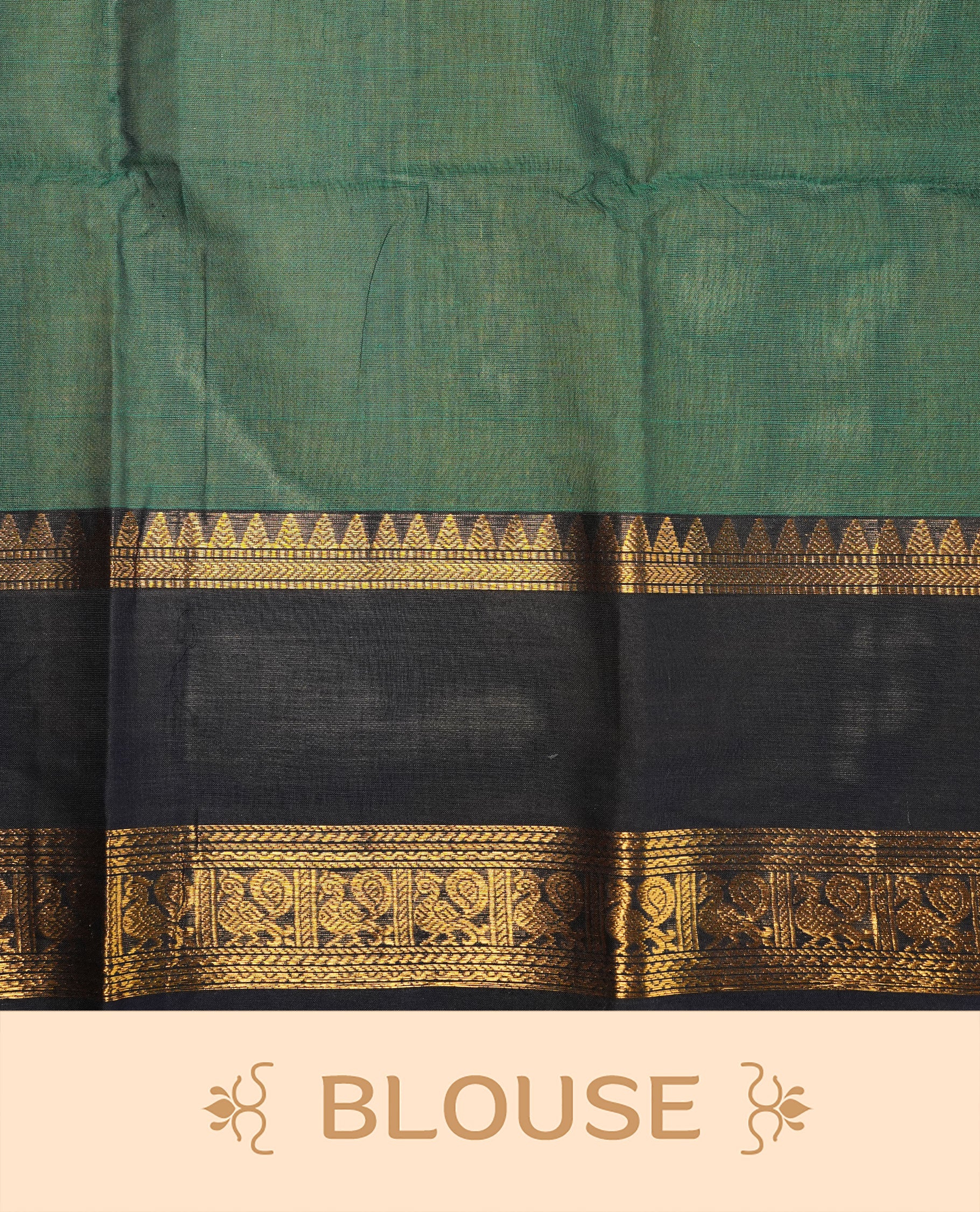 Dark green Colour Chettinad cotton saree featuring Godl zari motifs on body , complemented by contrast blue colour with traditional border, comes with matching blouse piece.