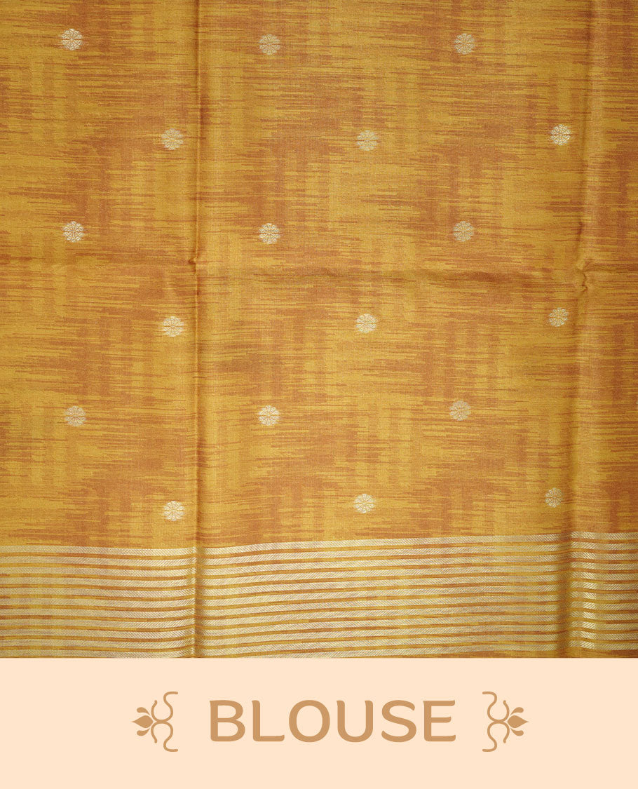 Mustard colour semi tussar silk saree, featuring an intricate white dancing women motif on the body and pallu with gold zari , comes with matching blouse.