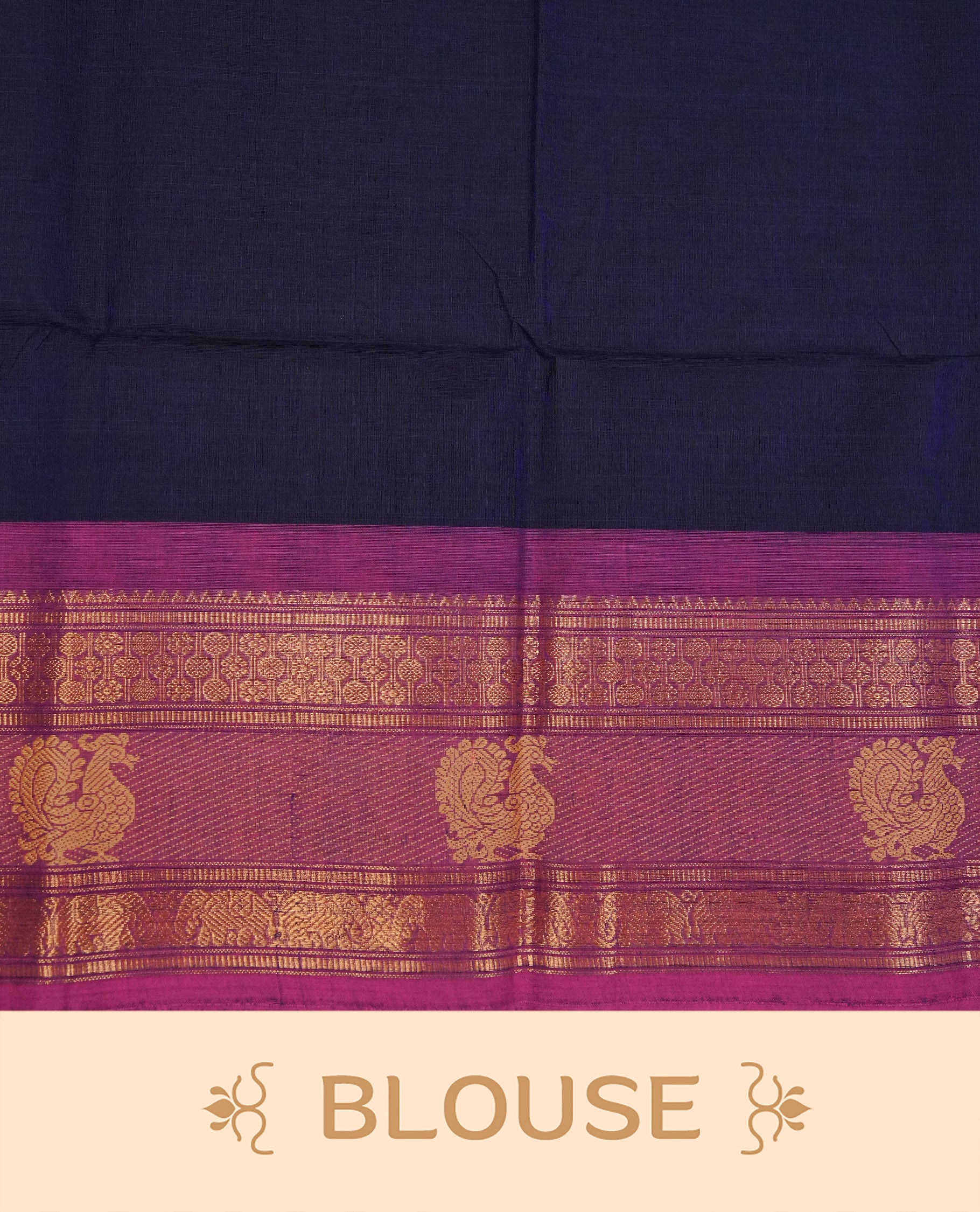 Navy Blue Colour Chettinad Cotton Saree Featuring a Plain Body, Complemented by a Pink  Colour with Grand Gold Zari Border & Contrast Striped Pallu, Paired with a Matching Blouse Piece.